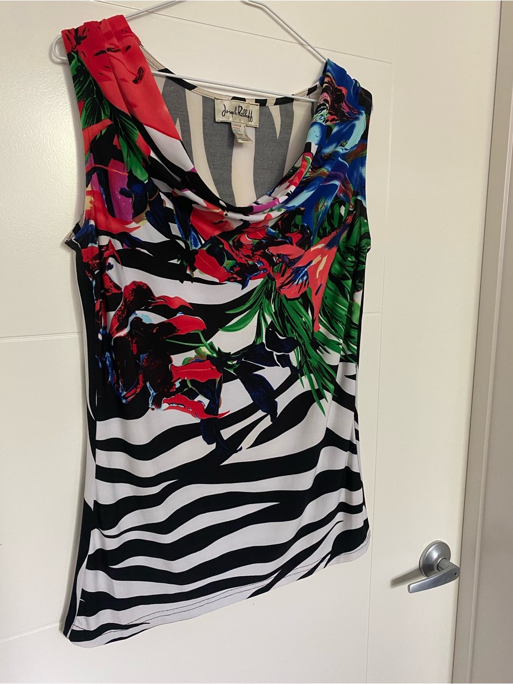 Joseph Ribkoff Multicolor Floral Zebra-Striped Sleeveless Cowl Neck Top